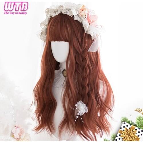 WTB Long Wavy Synthetic Wig for Women Lolita Daily Use Brown Heat Resistant Fiber Wig with Bangs Cosplay Party Full Wigs