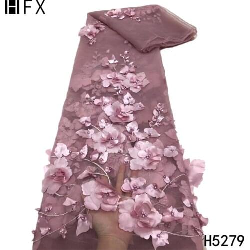 HFX 2021 3D Lace Fabric High Quality African Lace Fabric French Applique Tulle Net with Beads for wedding Party Dresses H5279