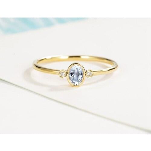 Solid 14k Yellow Gold Ring 4x6mm Oval Cut Natural Aquamarine Diamonds Women Engagement Wedding Ring Trendy Fine Jewelry