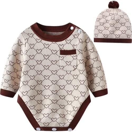 Fashion Baby Bodysuits Long Sleeve Cotton Knitted Newborn Boys Girls Jumpsuits Onesie Caps Outfits 0-2Y Toddler Children Clothes