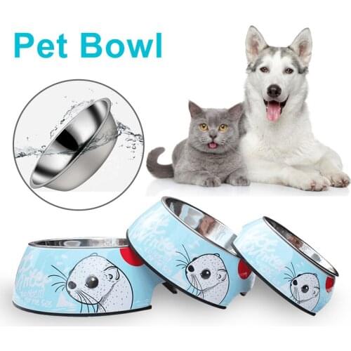 Stainless Steel Dog Bowl Dogs Feeder Ferret Printing Two Fuctios Bowl Antiskid Pet Bowl Feeding Drinking Water Dog Cat Bowls
