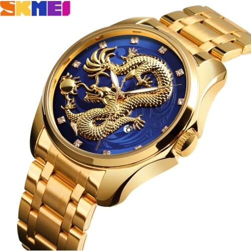 SKMEI Top Brand Luxury Men Watch Golden Dragon Quartz Watches Men Waterproof Date Display Stainless Steel Strap Wristwatch Male