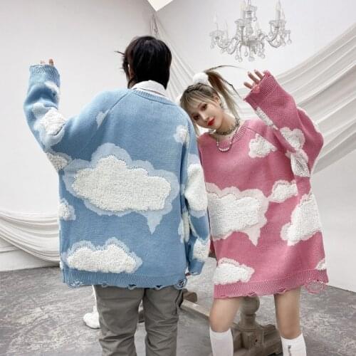 Mens Oversize Sweater 2021 Autumn Winter Hole Cloud Flocking Jacquard Clothing Hip Hop Streetwear Pullover Harajuku Sweater Men