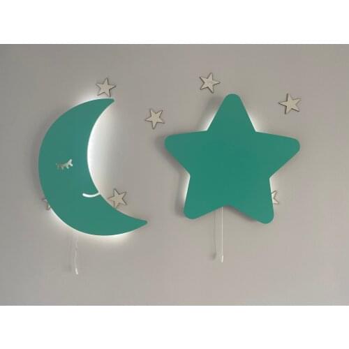 Set of 2- Baby Night Lamp Set Moon Lamp Star Light Wooden Wall Light Baby Shower Lamp Kids Bedside Decoration