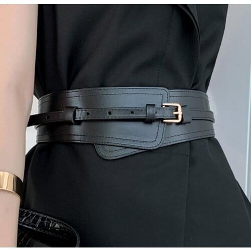 Neutral Soft Black Sheepskin Wide Cummerbund Iconic Chic Classic Tight Genuine Leather Lambskin Adjustable Peplum Corset Belt