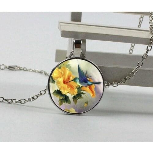 New 3 Color Blue bird jewel bird necklace on a branch yellow glass dome pendant necklace, necklace 2018 Christmas gift for women