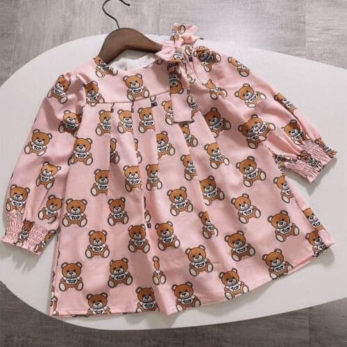 New summer Fashion brand cartoon letter style kids girl clothes long-sleeved bear print dress baby girl princess dress 2-8 years