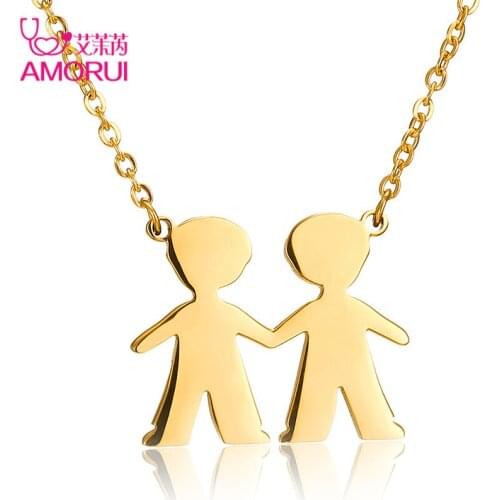 AMORUI Family Brother Collier Femme Pendant Necklace Stainless Steel Gold/Silver Color Two Boys Love Necklaces & Pendants Gift