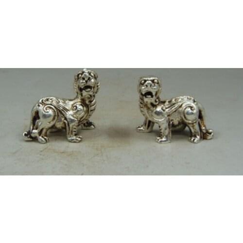 A pair of Elaborate Chinese Old Handwork Tibetan Silver Exorcism Unicorn Auspicious Statues