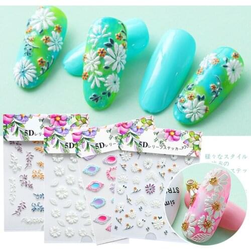 1pc 5D Acrylic Engraved Flower Nail Sticker Embossed Flower Leaves Nail Water Decals DIY Slider Design Nail Art Decoration Tools