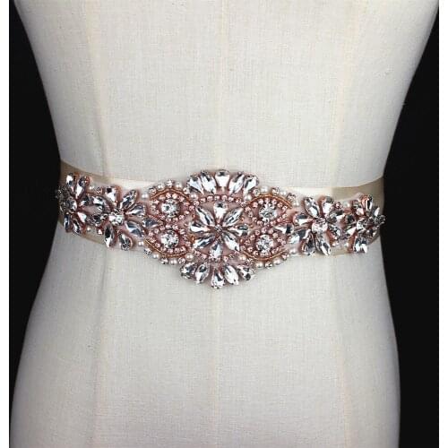 Rose Gold handmade Rhinestone Applique Bridal Belt Crystal Wedding Sash Belt With beaded Pearl For Wedding Evening Dress up Prom