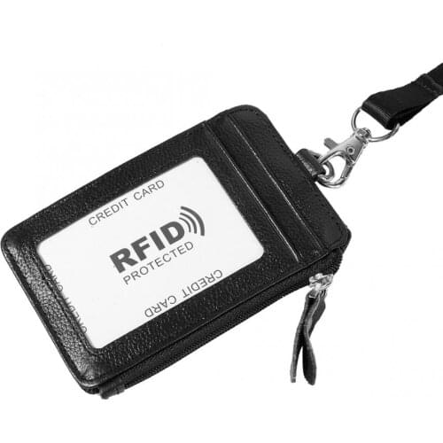 Card RFID Blocking ID Badge Cowhide Wallet Hardware Vertical Lanyard Necklace RFID Blocking