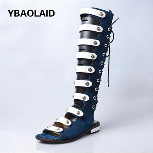 Open Toe Frosted Cowhide Color Matching Rivet Straps Combined Back Cross Straps Casual Flat Low-heel Roman Long Sandals