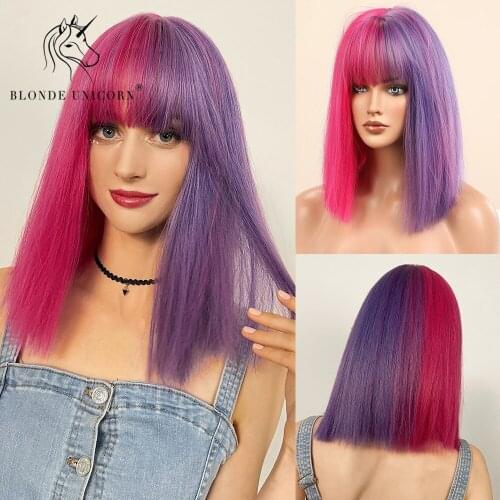 Blonde Unicorn Bobo Synthetic Wigs with Bangs Straight Hair Wig Mix Pink Purple Colorful Cosplay Party Wigs Heat Resistant Fiber