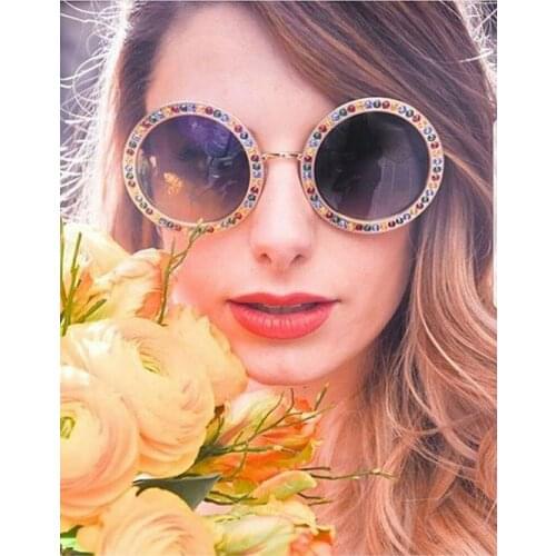Retro Shades for Women Diamond Round Sunglasses Brand Designer Luxury Fashion Oversized Crystal Circle Sun Glasses FML