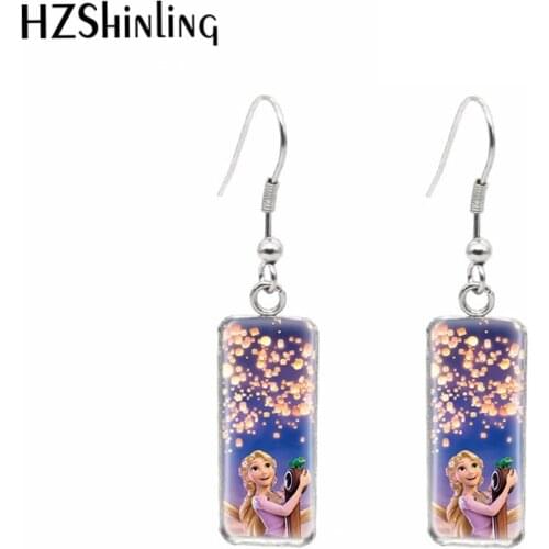 Tangled Long Hair Princess Cartoon Paintings Rectangular Hook Dangle Drop Earrings Fashion Jewelry