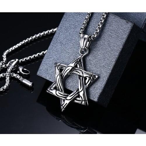 Vintage religious Six-pointed star pendant Necklace Stainless Steel Fashion men Jewelry 20'' Rolo Chain