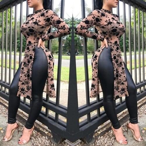 Bigsweety women Floral printing tight Blouse Sexy Side split long sleeve shirt ladies streetwear camiseta mujer