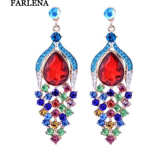 FARLENA JEWELRY Unique peacock shape drop Earring with Crystal Rhinestones Fashion Wedding Earrings for Women long