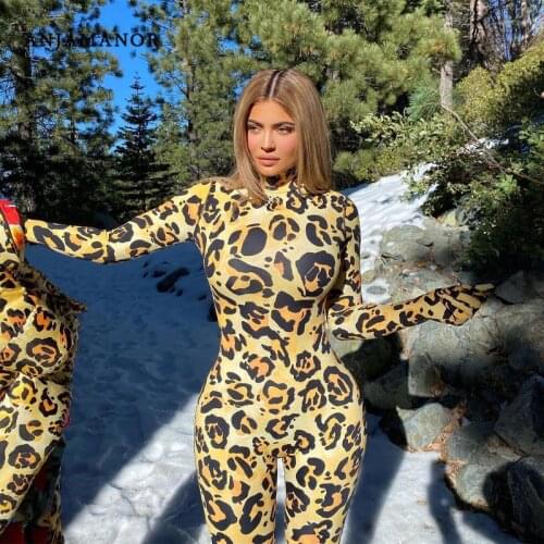 ANJAMANOR Kylie Cheeta Print Sexy Glove Long Sleeve Bodycon Jumpsuit Women Club Party Outfits One Piece Clothing D85-CZ27