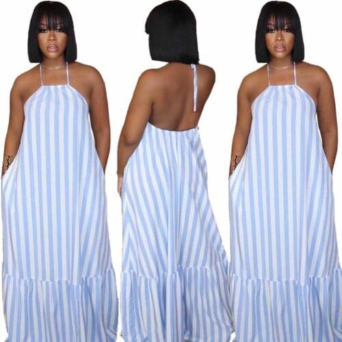 Cutubly Blue And White Striped Dress Fashion Summer Sexy Halter Neck Maxi Dress Large Swing Loose Pleated Dresses For Women