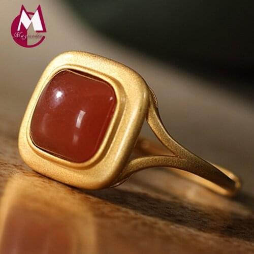 Women Natural stone Agate Ring Real 100% 925 sterling silver 14k gold plating Adjustable Ring Jewelry wholesale lots bulk R04