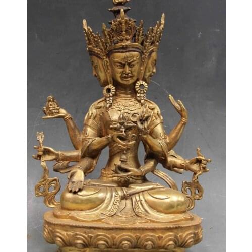 12 Chinese Bronze Three Face Eight Arm hand Arms kwan-yin Guan Yin Buddha Statue