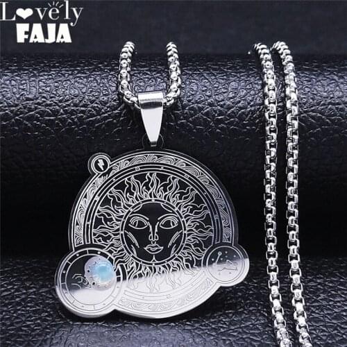2021 Witchcraft Divination Sun Moon Moonstone Stainless Steel Chain Necklaces Silver Jewelry collier astrologie N2221S03