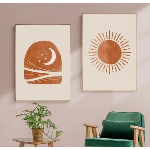Modern Art Abstract Sun and Moon Scene Home Decor Canvas Prints Painting Wall Art Landscape Pictures Posters for Living Room