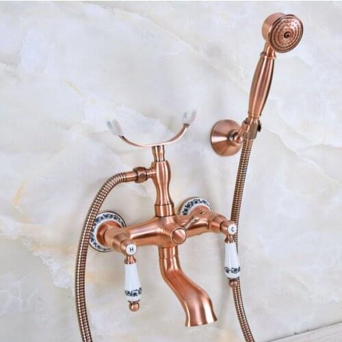 Antique Red Copper Brass Double Ceramic Handles Wall Mounted Bathroom Clawfoot Bathtub Tub Faucet Mixer Tap w/Hand Shower ana378