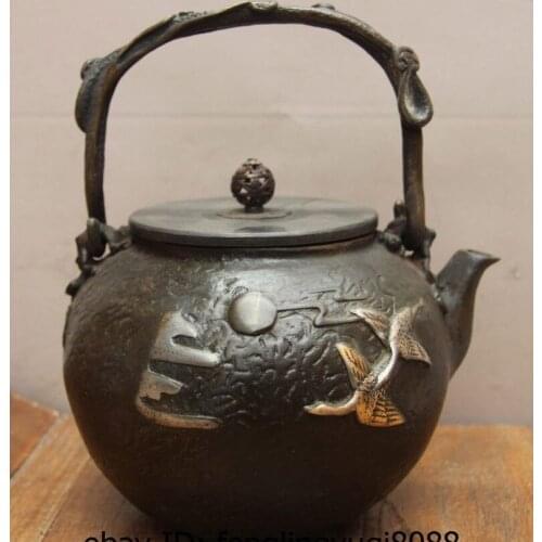 Archaic Japanese Iron Silver Gilt Crane Moon Portable Flagon Kettle Wine Tea Pot