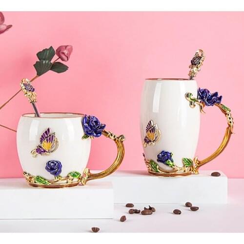 White porcelain Enamel Crystal mug Tea Cup Rose Coffee Mugs Butterfly Rose Painted Flower Water Cups ceramics with Spoon Set