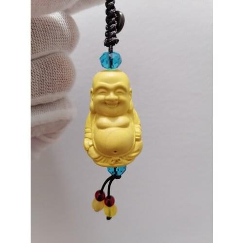 Solid wood carved Amitabha decorative pendant ，Chinese Laughing Buddha，Wooden hand-carved，Home, car lucky decoration pendant