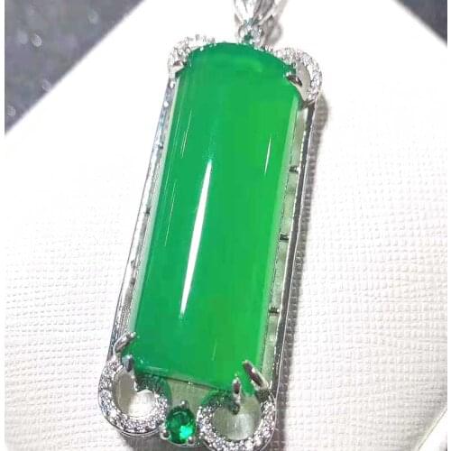 Designer Euro-American style 925 Silver-inlaid Emerald Chalcedony Peaceful Safe Jade Brand Womens Necklace Hanging Parts Chain