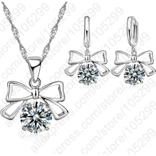 Classic Lovely Girlfriend Birthday Christmas Gifts Shinny CZ Jewelry Set 925 Sterling Silver Pendant Bow Jewelry Free Shipping