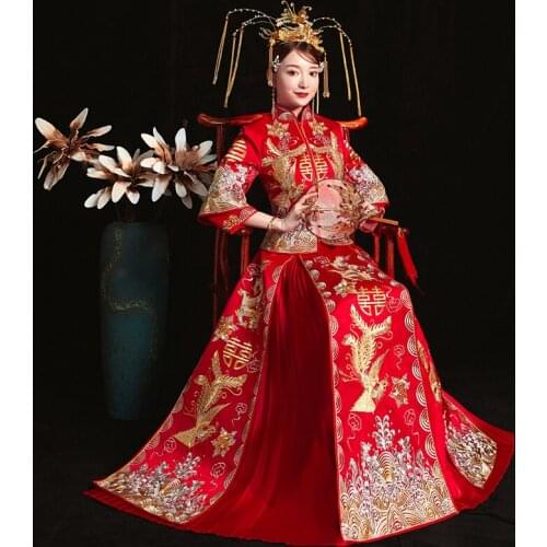 Red Chinese Wedding Bride Cheongsam Traditional Style marry Evening Dress Embroidery Long Qipao Womens Clothing Size S - XXL