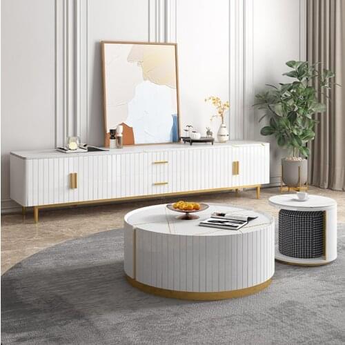 Round slate combination coffee table small household type modern light luxury slate tea table TV cabinet combination