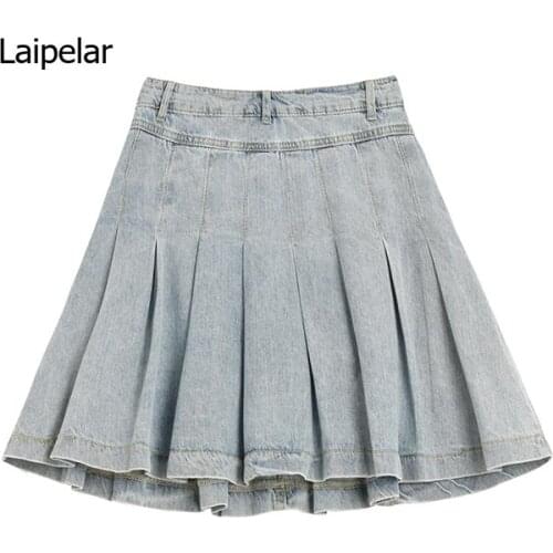 High Waist Denim Mini Skirt Women Korean Vintage New Fashion Slimming Versatile Denim Button Lotus Leaf Pleated Skirts Female