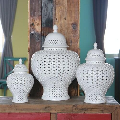 Three Pieces Set Chinese White Color Cutout Porcelain Ceramic Vase Temple Jar Ginger Jars
