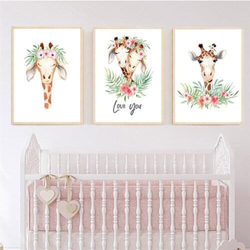 Watercolor Tropical Flower Wall Art Poster Loving Giraffe Family Canvas Painting Kid Baby Room Decor A2 A5 No Frame
