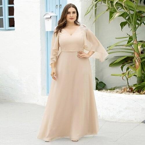 New Deep V-Neck Evening Dress Pleat Full Sleeve Embroidery Floor-Length Simple Fashion A-Line Plus Size Women Formal Gowns D1020