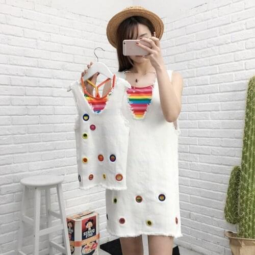 Family Matching Outfits Mother Daughter Girls Rainbow Sleeveless Dresses Summer Mommy and me Denim Strap Dress Fashion Clothes