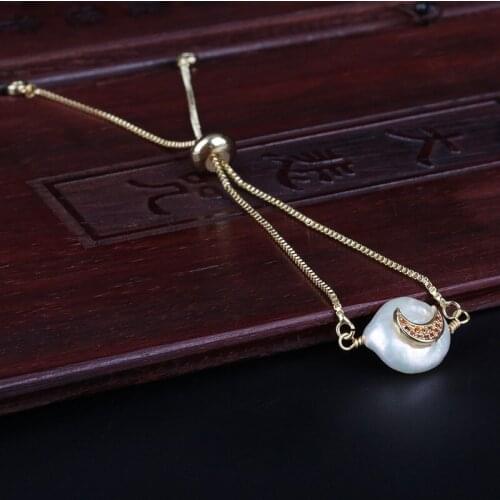 Orange yellow cz pave crescent moon new moon charm natural freshwater pearl bead link bracelet for women wedding birthday gift