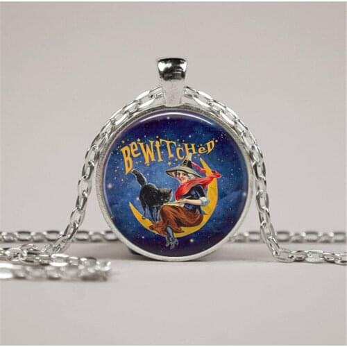 Witch Pendant, Necklace or Key Chain - Halloween Pendant - Witch Necklace, Halloween Necklace, Vintage Witch, Bewitched Cat Moon