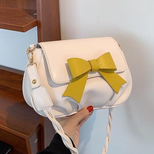 Simple Small White Shoulder Bags for Women 2021 Cute Bow-knot Crossbody Bags Ladies Flap Leather Handbags Pleated Messenger Bag