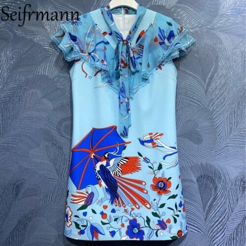 Seifrmann New 2021 Summer Women Fashion Designer Party Mini Dress Butterfly Sleeve Lace Bow Printed Elegant Slim Ladies Dresses