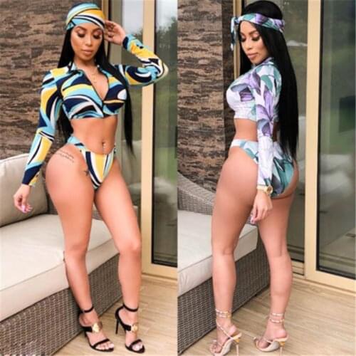 Sexy Womens Long Sleeve Print Zipped Bikini Set Summer Beach Swimsuit 3pcs US