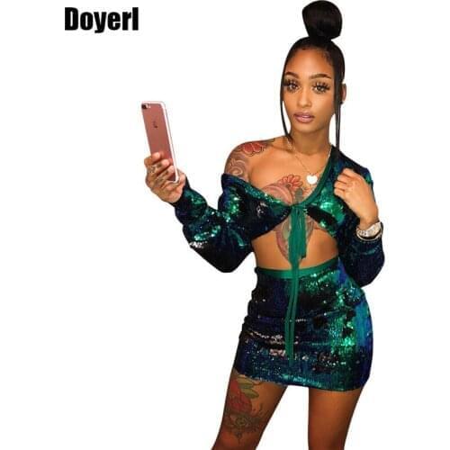 Party Sexy Sequin Two Piece Set Women V Neck Bow Tie Up Crop Top and Bodycon Mini Skirt Set Sparkly 2 Piece Outfits Clubwear