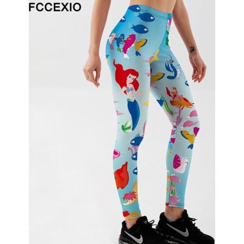 FCCEXIO High Waist Women Leggings For Fitness Ladies Cartoon Mermaid Print Gym Sports Workout Leggings Push Up Skinny Leggins