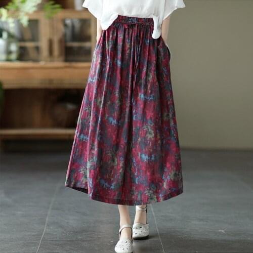 Johnature Vintage Women Skirts Linen Elastic Waist Lace Up Pocket Digital Print Clothes 2021 Autumn New Loose Comfortable Skirt